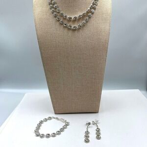 VTG Rhinestone Set: Double Layer Necklace, 3-Drop Earring, Link Bracelet Classic